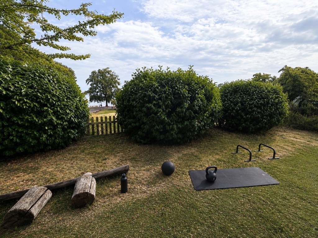 Espace extérieur : kettlebell, médecine ball et tapis dans le jardin
